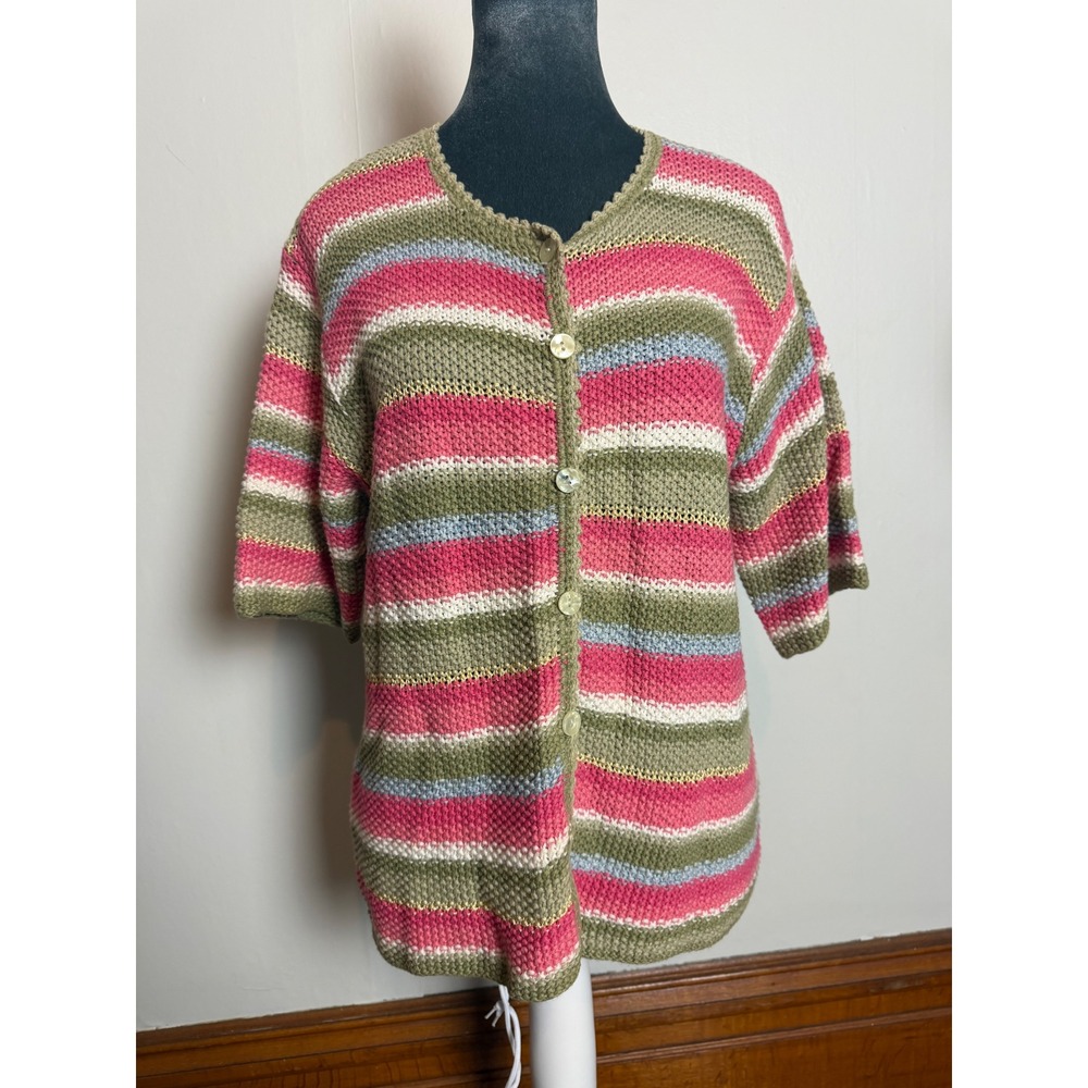 Pink Striped Short Sleeve Knit Cardigan Sweater Cottagecore Y2K twee coquette M